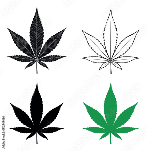 Stylized cannabis leaf set featuring silhouette, line art, and green illustrations for marijuana related designs
