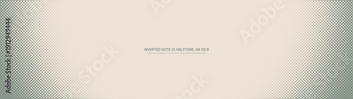 Inverted dots halftone retro styled graphic pattern rounded border ultra wide 32:9 aspect ratio vintage green vector abstract background. Half tone panoramic ultrawide format abstraction for projects