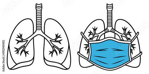 Line art human lungs illustration set featuring human lungs with and without a surgical mask for healthcare and protection