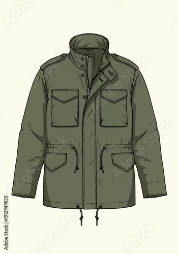Detailed technical vector illustration of men's military green M65 jacket