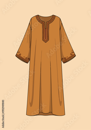 Traditional Brown Kaftan Thobe with Embroidery Fashion Flat Sketch