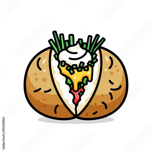 Cute Cartoon Baked Potato with Sour Cream, Cheese, and Chives