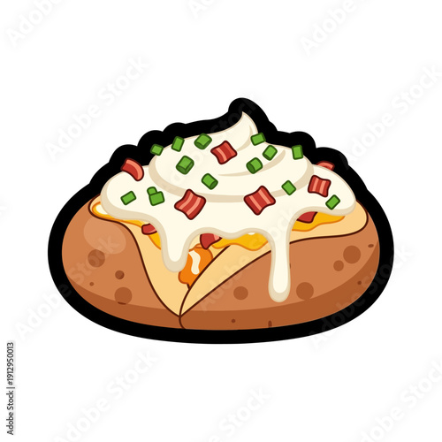 Delicious Loaded Baked Potato with Cheese, Sour Cream, Bacon, and Chives - Cartoon