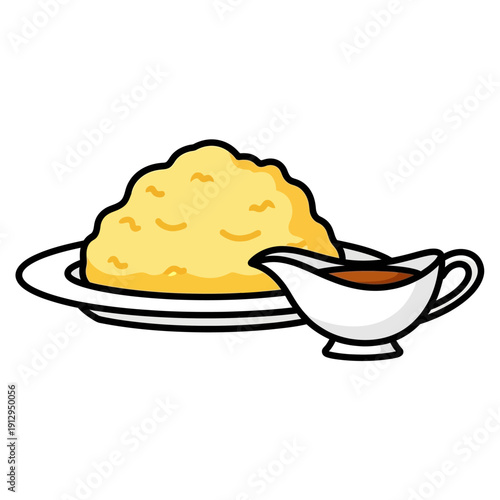 Fluffy Mashed Potatoes with Gravy Boat, Cartoon Style Food Illustration