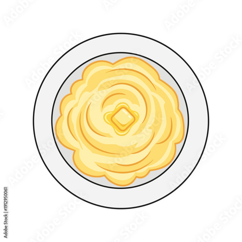 Fluffy Mashed Potatoes with Melted Butter on a White Plate, Top View