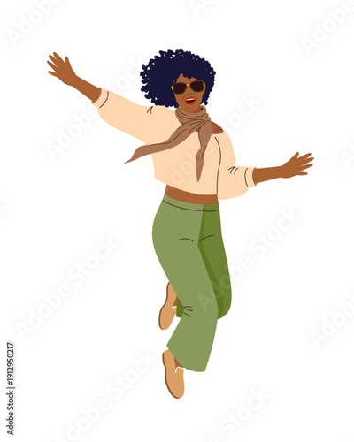 Soft retro illustration of a joyful Black woman with natural afro hair dancing. Trendy pastel outfit, warm earthy colors, minimalist flat style. Modern diversity, freedom, happiness, self-expression