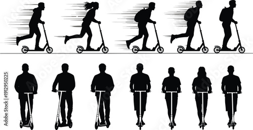 Electric scooter riders silhouettes set with motion speed lines, urban micro mobility concept, male and female kick scooter vector collection isolated on white background
