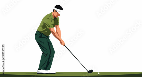 Illustration of a man in a green shirt and pants swinging a golf club on a putting green with a white background.