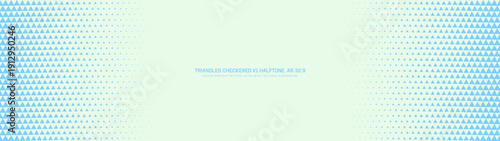 Checkered blue triangles grid halftone pattern faded border ultra wide 32:9 aspect ratio vector light abstract backdrop. Half tone chequered structure panoramic ultrawide format design element layout