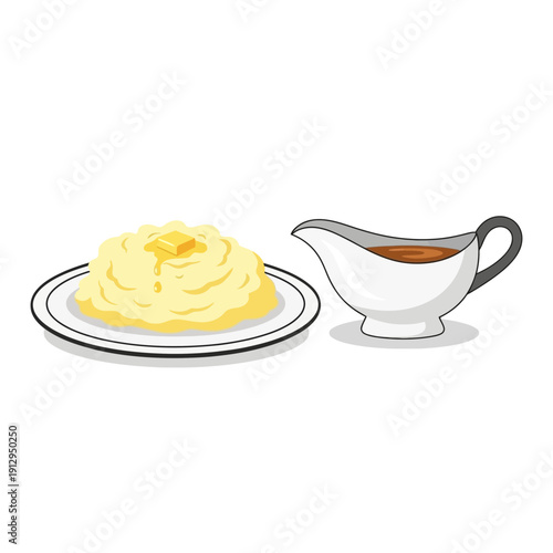 Mashed Potatoes with Butter and Gravy Boat - Illustration