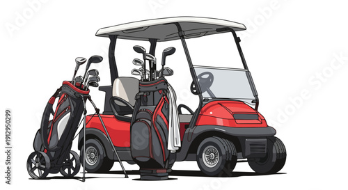 Red golf cart with white roof and black trim, parked next to a golf bag with clubs on a white background.