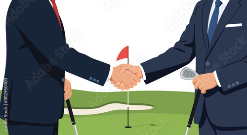 Two businessmen in suits shaking hands on a golf course with a flagstick and sand trap in the background.