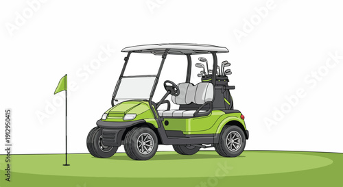 Lime green golf cart with white roof and seats parked beside a flag on a golf course with a white background.