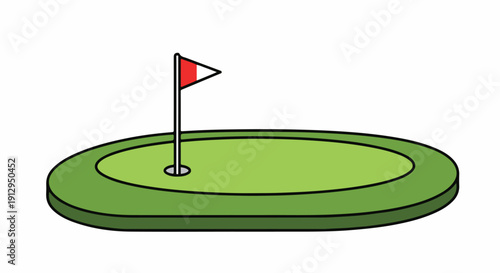 Illustration of a golf hole with a red flag on a green putting surface against a white background.