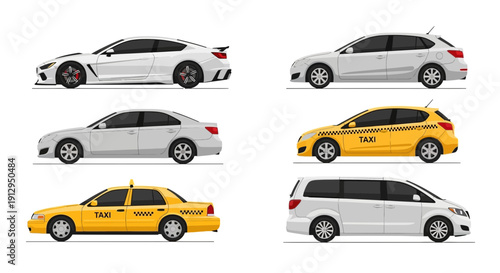 Assorted car illustrations sedan hatchback and taxi vehicle designs