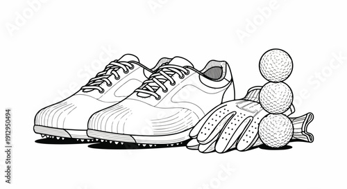 A line drawing illustration of a pair of golf shoes with a glove and three golf balls on a white background.