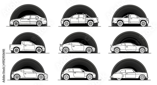 Collection of car silhouettes sedan pickup truck coupe and hatchback designs