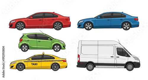 Collection of colorful cars red sedan blue vehicle green hatchback yellow taxi white van