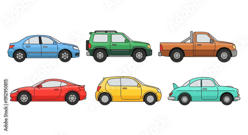 Collection of colorful cartoon cars isolated on white background