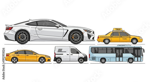 Collection of modern transport vehicles cars taxi van and bus silhouettes