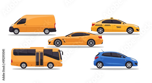 Collection of modern transport vehicles isolated on white background