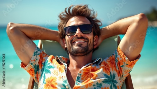 Man relaxes in deck chair on sunny beach. Blue ocean water and sky in background. Person wears sunglasses and floral shirt, enjoys vacation with happy smile.
