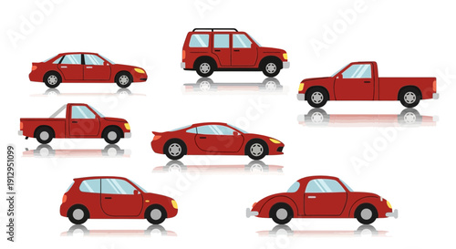 Collection of red vehicles sedan suv pickup truck coupe and hatchback
