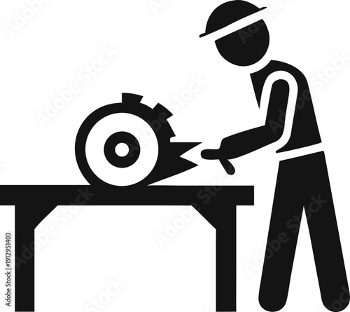 Safety conscious carpenter operates a powerful circular saw cutting lumber on a workbench