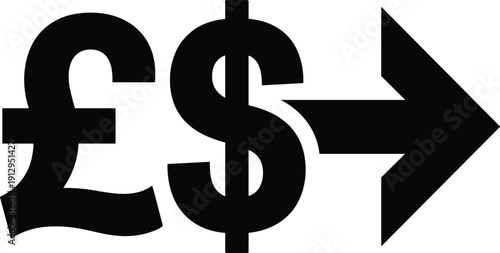 Currency exchange illustration featuring British pound symbol, US dollar sign, and rightward arrow representing conversion, finance, banking, and international economic transactions graphics