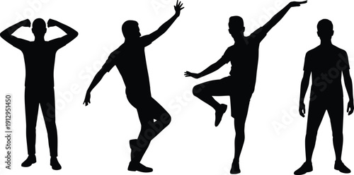 Male dancer silhouette collection isolated on white background, dynamic dance pose vector set for performance design, movement illustration, artistic character bundle