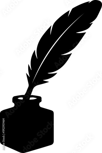 Black Quill Pen and Inkwell Icon Vector Silhouette Illustration