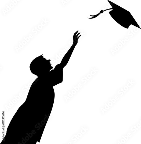 Graduate Silhouette Throwing Cap in Air Black and White Success Celebration