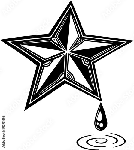 Traditional Nautical Star Tattoo Icon with Droplet and Ripples Black and White Vector