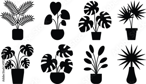 Potted plant silhouette collection isolated on white background, indoor houseplant vector set for home decor design, botanical illustration bundle