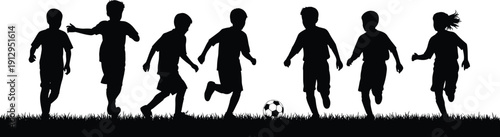 Kids playing soccer silhouette vector illustration, children running and kicking football on grass field isolated, playful childhood sport activity lifestyle design