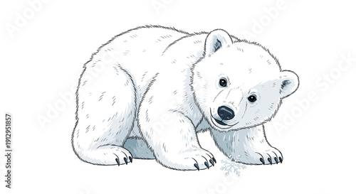 Cute polar bear cub sitting on white background illustration