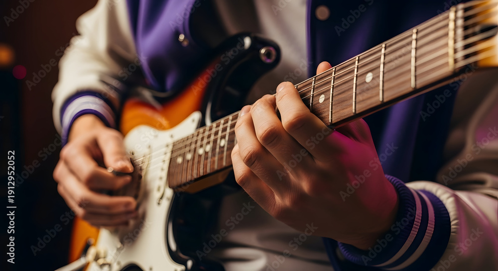 Obraz premium Close-up of a person playing an electric guitar in a cozy indoor setting showcasing musical passion and skill for music enthusiasts and performers