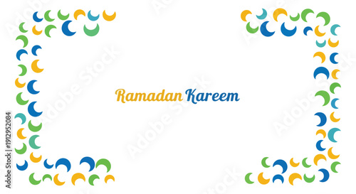 A colorful Ramadan Kareem greeting card with a vibrant floral border on a white background, featuring blue, green, orange, and yellow hues in a festive and celebratory mood.