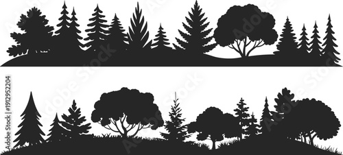 Stylized forest silhouettes landscape, mixed pine and deciduous trees horizon, black woodland nature banner illustration design