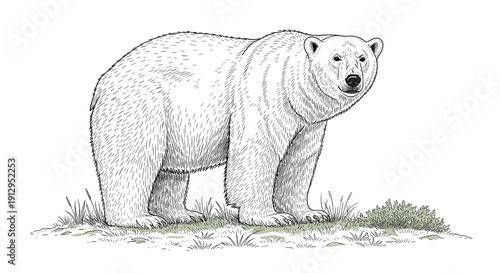 Polar bear standing on grass in black and white sketch