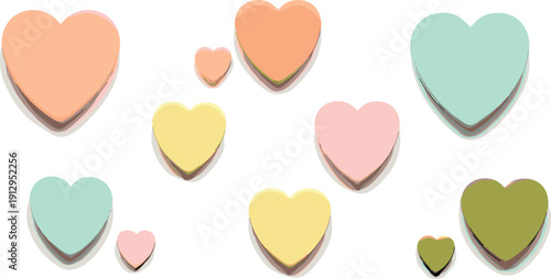 Pastel 3D heart shapes collection in soft colors isolated on white background for love, romance, valentine, and decorative design projects