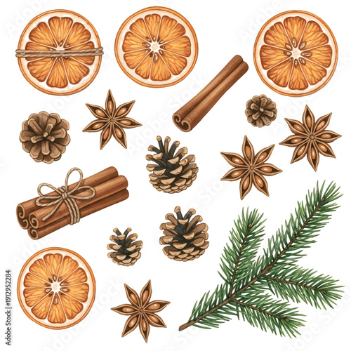 Christmas spices with cinnamon sticks and star anise closeup