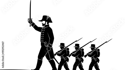 Military Officer Leading Soldiers with Rifles.