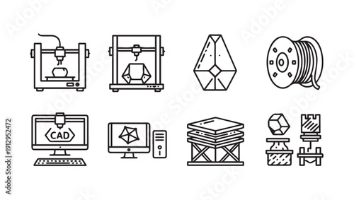3D Printing Icons Set: CAD, Printer, Filament, Objects, Desktop Setup
