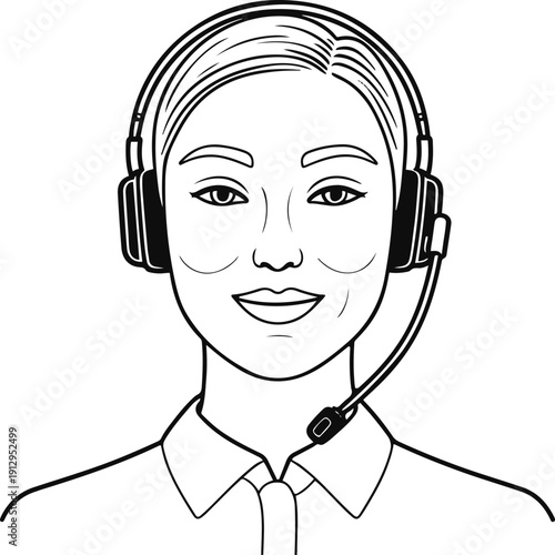 Minimal black and white vector illustration of support agent wearing headset, clean vector line art 2