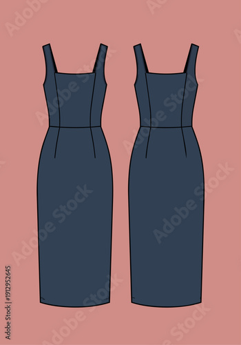 Technical flat sketch of a navy blue fitted sheath dress with straps and square neckline