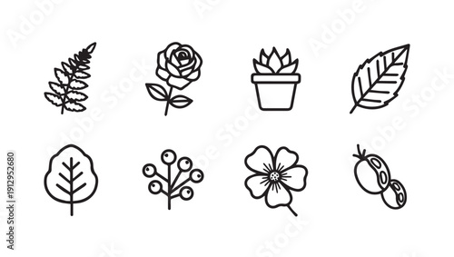 Botanical Icons Set: Fern, Rose, Succulent, Leaves, Berries, Flower, Pods