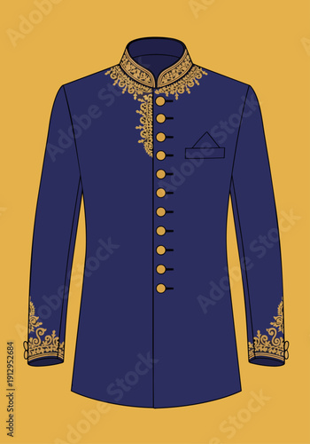 Deep Blue Jodhpuri Bandhgala Jacket Gold Zari Embroidery Formal Wear
