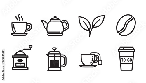 Beverage Icons Collection: Coffee, Tea, Grinder, French Press, Beans, To-Go Cup