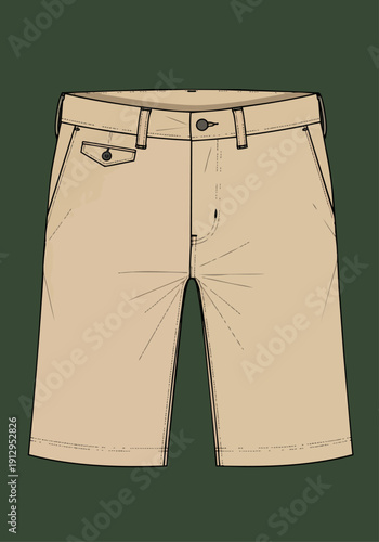 Mens Beige Casual Chino Shorts Technical Flat Fashion Sketch Vector